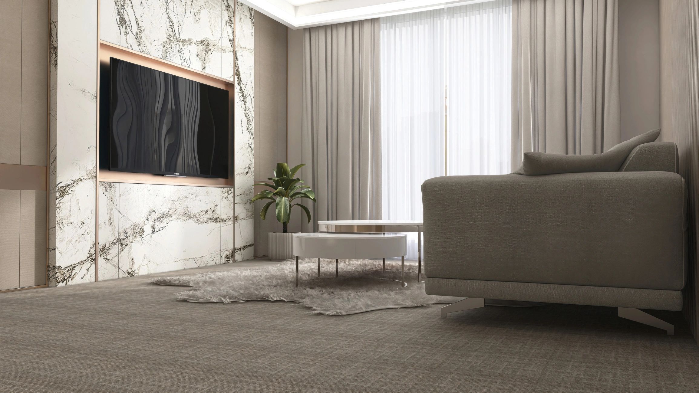 Luxury living room with beige seating and marble feature wall