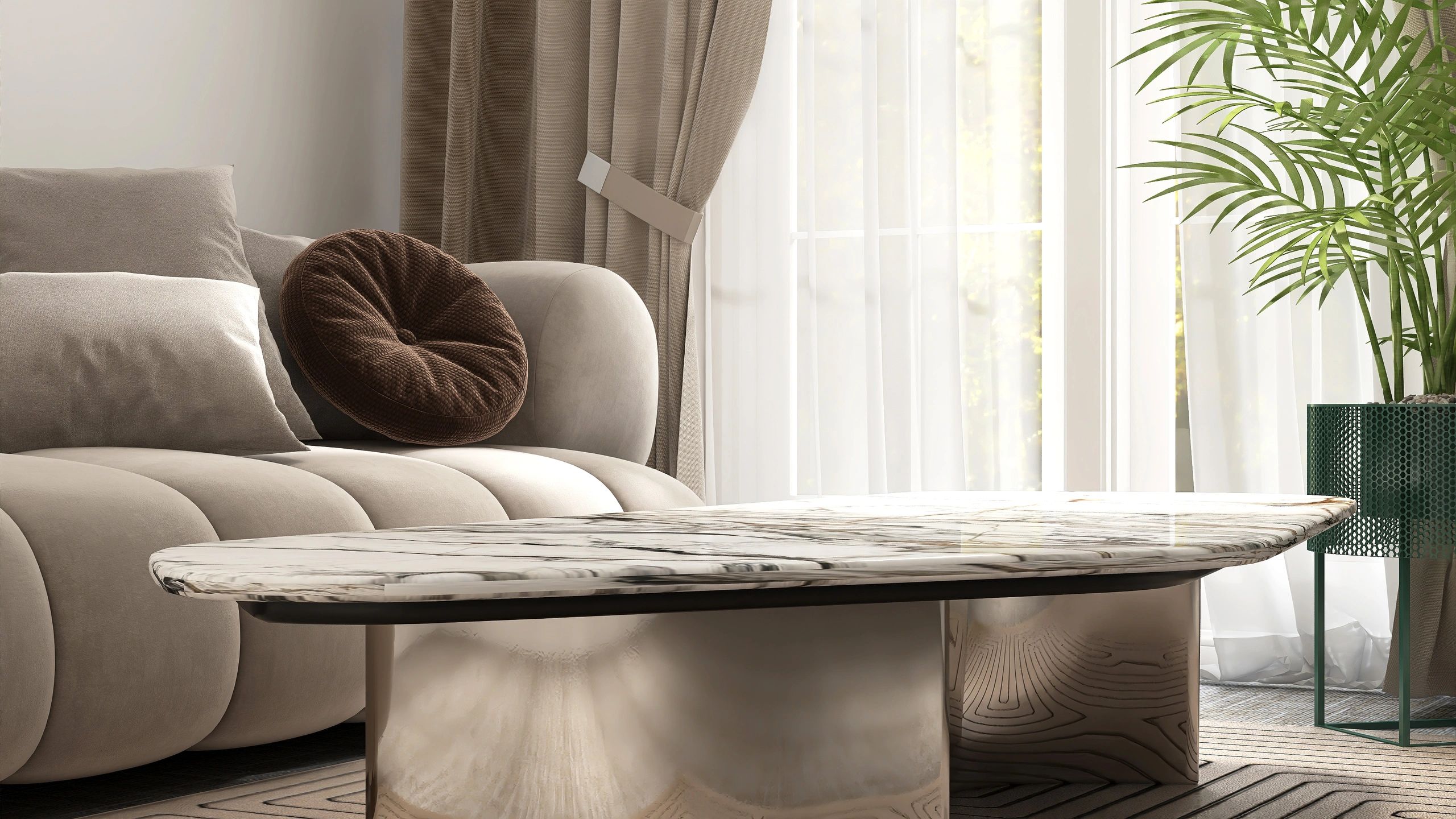 Elegant living room with marble coffee table and neutral seating